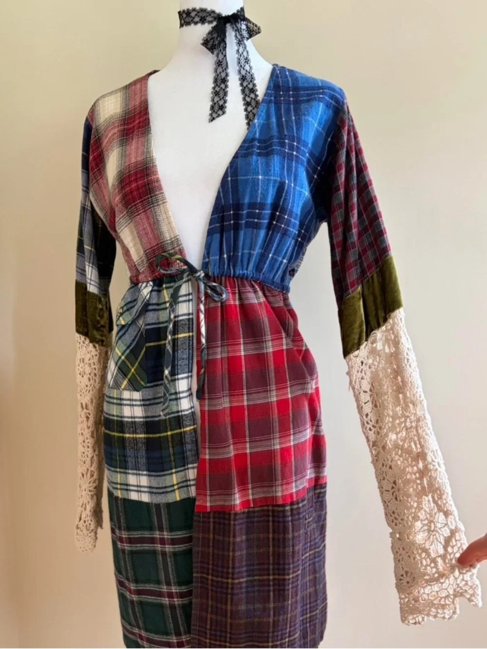Vintage 90s patchwork crochet lace duster dress plaid grunge boho festival S-M - Picture 2 of 8